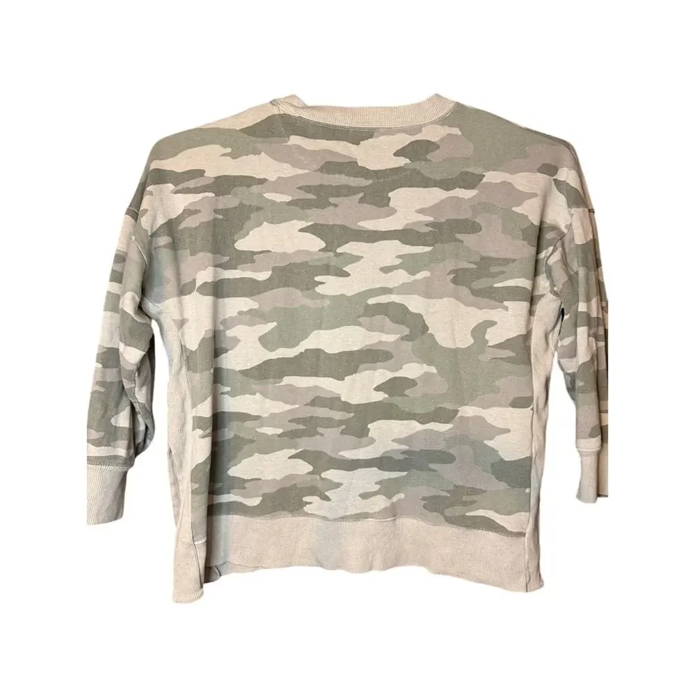 Aerie Womens XL Camo Crewneck Sweatshirt Green Grey Oversized Ribbed Side Slits